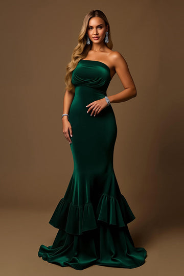 Robe de soirée longue de vacances sans bretelles vert foncé Sirène à plusieurs niveaux